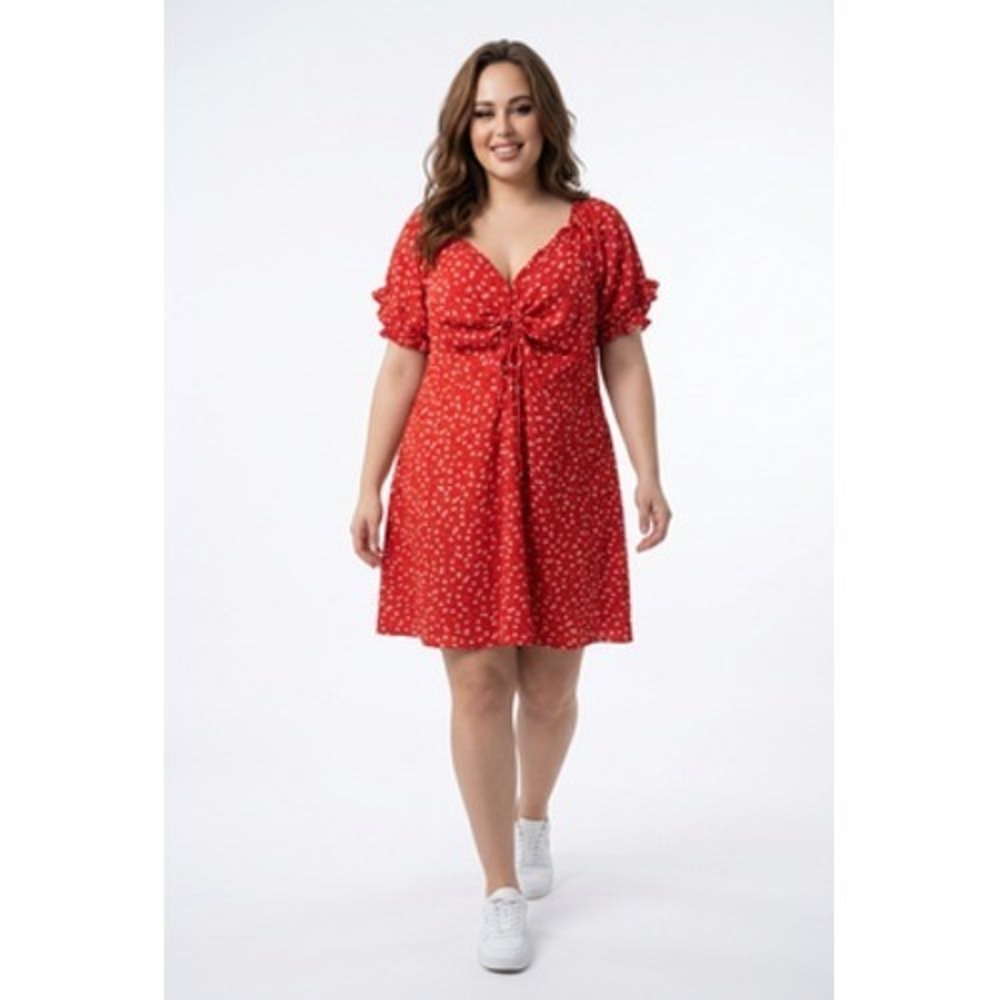 City Chic | Dresses | City Chic Dress Womens 8 Red Floral Smocked Puff Sleeve Tie Blossom Sundress
